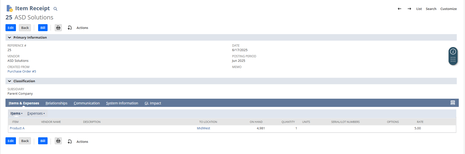 Auto Item Receipt for Expenses